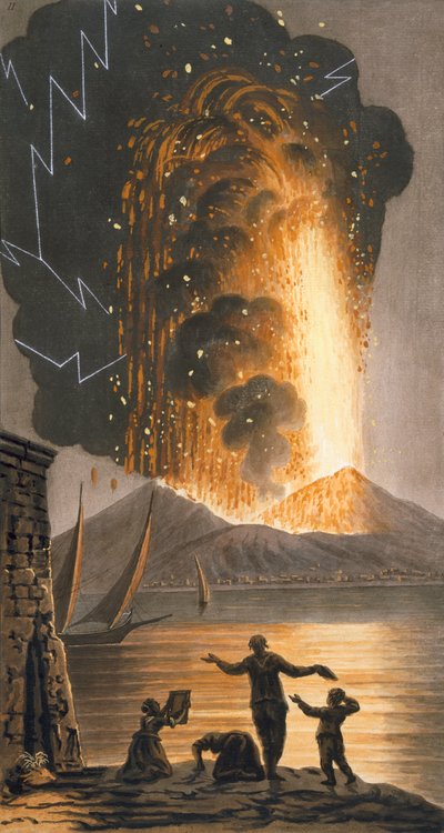 Vue de la grande éruption du Vésuve dans la nuit du dimanche 8 août 1779 depuis le palais de Sa Majesté Sicilienne à Pausilipo, Planche II, publiée en 1779 (gravure coloriée à la main) - Pietro Fabris