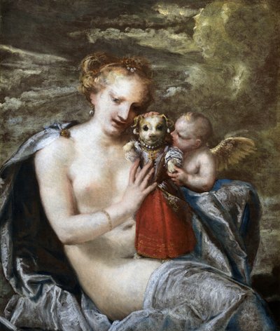 Vénus, Cupidon et petit chien habillé en enfant - Pietro Liberi