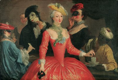 Compagnie élégante en costume de masque prenant du café et jouant aux cartes - Pietro Longhi