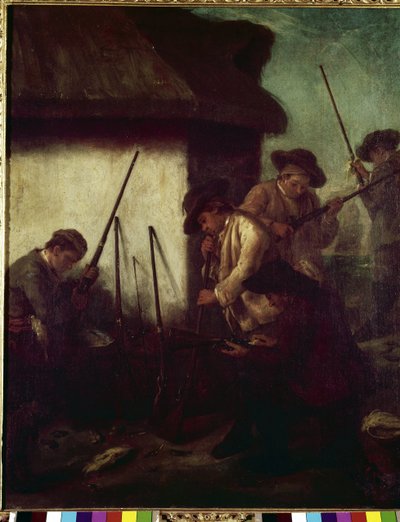 Chasse dans la vallée : la préparation des fusils (La caccia in valle : Preparazione degli schioppi) - Peinture par Pietro Longhi (1702-1785) - Pietro Longhi