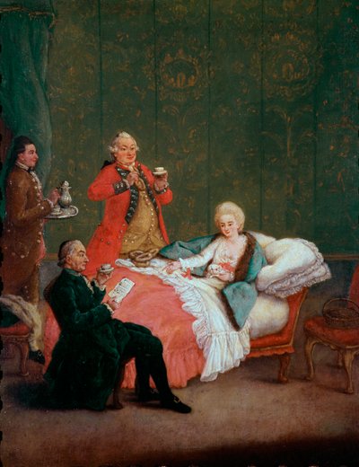 Chocolat du matin jeune femme de la noblesse allongée dans son lit servie par trois hommes - Pietro Longhi