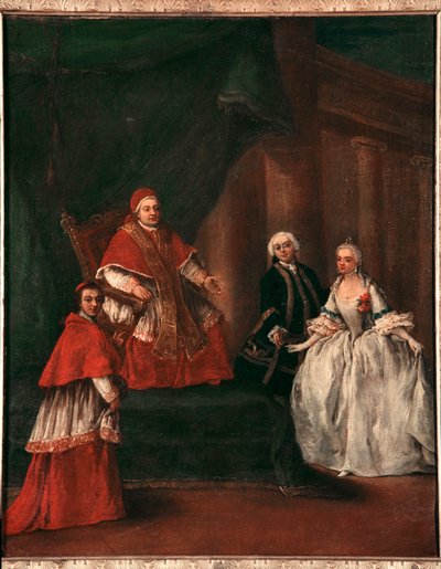 Représentation du pape Clément XIII (1693-1769) avec son neveu Ludovico Rezzonico et son épouse Faustina Savorgnan Peinture de Pietro Longhi (1702-1785) 1758-1762 Dim. 52x50 cm - Pietro Longhi