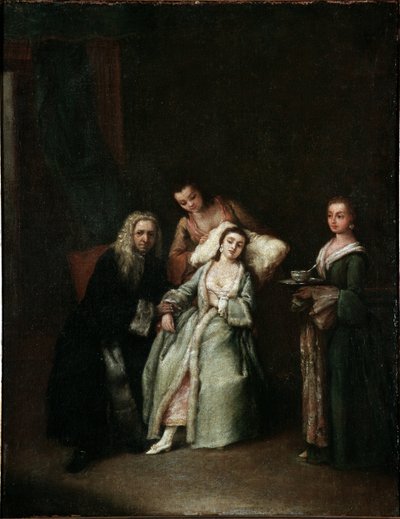 La femme malade. Visite du médecin prenant le pouls de la malade. Peinture de Pietro Longhi (1741) - Pietro Longhi