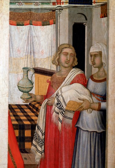 Naissance de la Vierge (détail des sages-femmes avec la parturiente) - Pietro Lorenzetti