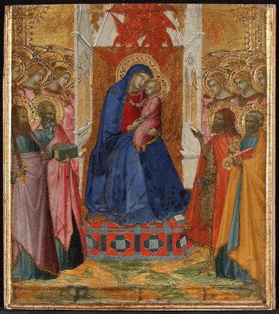 Maria auf dem Thron mit dem Kind, anbetende Engel und Heilige Paulus, Johannes der Evangelist, Johannes der Täufer und Petrus - Pietro Lorenzetti