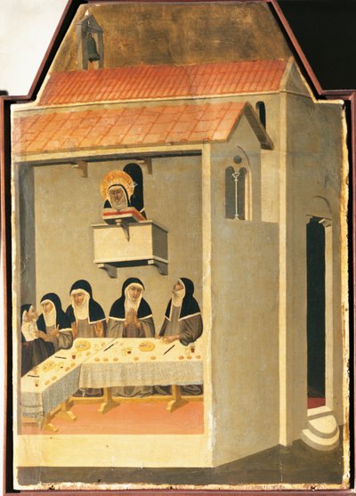 La Bienheureuse Humilité lisant miraculeusement dans le réfectoire de Santa Perpetua, carreau du retable de la Bienheureuse Humilité par Pietro Lorenzetti - Pietro Lorenzetti