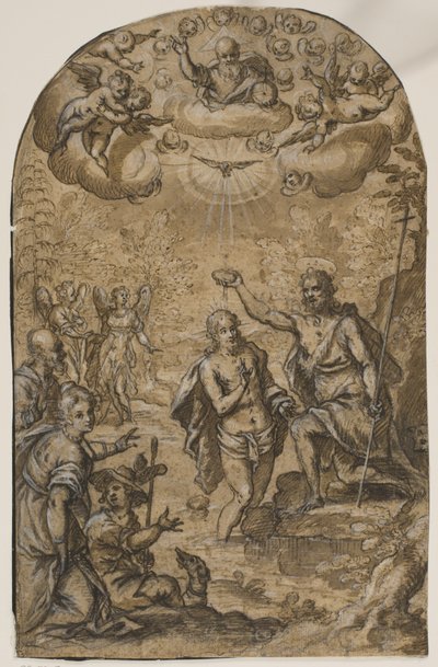 Le Baptême du Christ avec Dieu le Père et des anges parmi les nuages - Pietro Mera