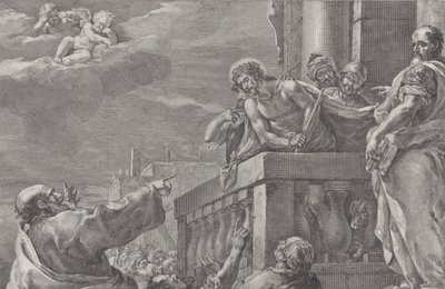 Christ sur un balcon entouré de gardes, Pilate se tient à droite en faisant un geste - Pietro Monaco