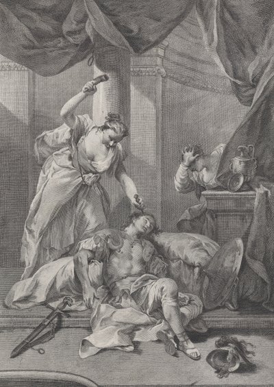 Jaël enfonçant un piquet de tente dans la tempe de Sisera endormi, à droite un se..., vers 1730-39 - Pietro Monaco