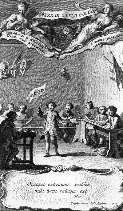 Carlo Goldoni agitant un drapeau en célébration de son année à l