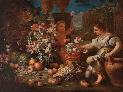 Un garçon et un putto parmi les fleurs et les fruits - Pietro Paolo (attr. to) Bonzi