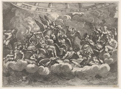 Rassemblement de divers dieux olympiens et figures mythologiques parmi les nuages, Apollon au centre..., vers 1680 - Pietro Santi Bartoli