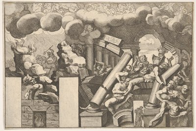 Géants écrasés par des rochers et les colonnes tombantes du temple, nuages de fumée au-dessus... - Pietro Santi Bartoli