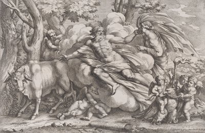 Io à gauche en vache, Jupiter sur un nuage au centre et Junon à droite avec paon, 1650-90 - Pietro Santi Bartoli