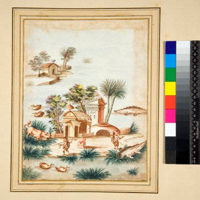Scène fluviale avec deux pygmées sur une île - Pietro Santi Bartoli