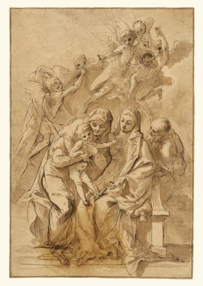 Heilige Familie mit der heiligen Anna (recto); Figurenskizzen (verso) - Pietro Testa