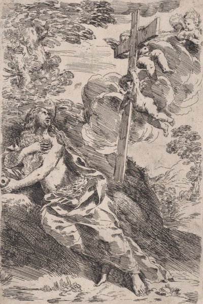 Marie-Madeleine dans le désert, une croix portée par des anges à droite, vers 1630 - Pietro Testa