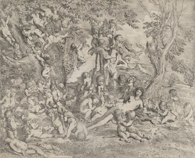 Le Jardin de Vénus qui repose au centre devant un hermès de Pan et entourée..., vers 1631-37 - Pietro Testa