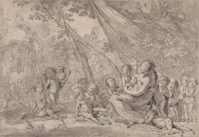 Le jardin de la charité, femme représentant la Charité à droite entourée d