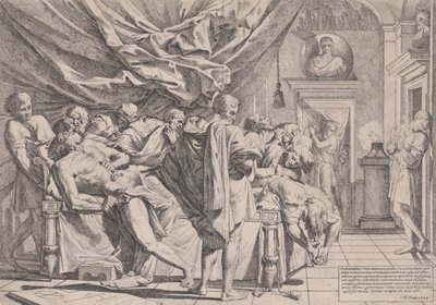 Le suicide du philosophe Caton, qui est allongé sur son lit en train de se retirer les entrailles, observé par..., 1648 - Pietro Testa