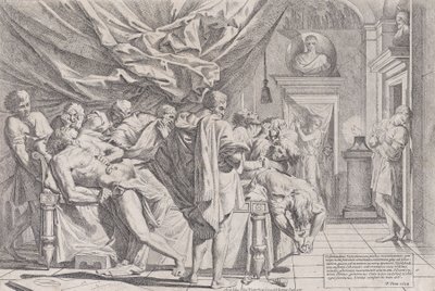 Le suicide du philosophe Caton, qui est allongé sur son lit en train de se tirer les entrailles, observé par..., 1648 - Pietro Testa