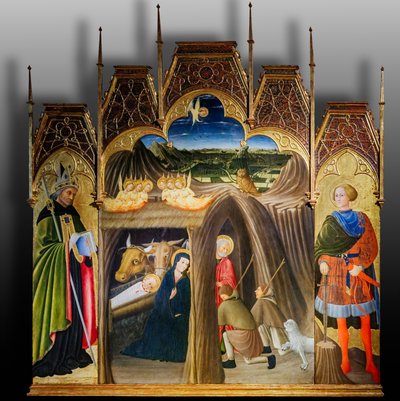Adoration des bergers entre les saints Galgano et Augustin, première moitié du XVe siècle - Pietro di Giovanni da Ambrogio