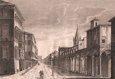 Vue de la Strada Maggiore à Bologne, Émilie-Romagne, Italie (gravure sur cuivre par C Lambertini d