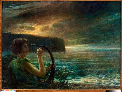 Pleine lune, hommage à une divinité féminine, jouant de la lyre dans un paysage marin avec ciel orageux - Plinio Nomellini