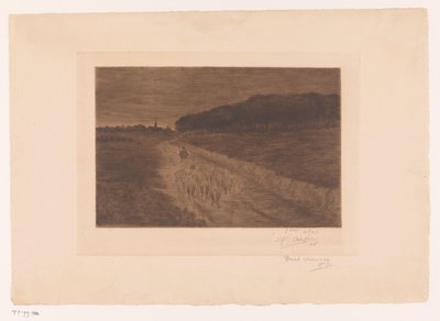 Troupeau de moutons avec berger sur un chemin de bruyère - Pol Craps (signed by artist)