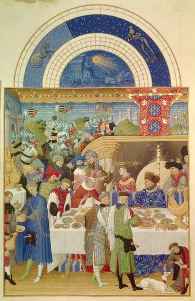 Le duc de Berry à table et le mois de janvier. Miniature flamande de Pol De Limbourg (15ème siècle) du manuscrit « Les très riches heures du duc de Berry » - Pol de Limbourg