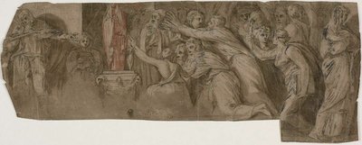 Histoire de Niobé : Prêtres et adorateurs devant une statue de Niobé - Polidoro da Caravaggio