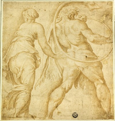Femme tournant à gauche ; homme nu soufflant dans une trompette - Polidoro da Caravaggio