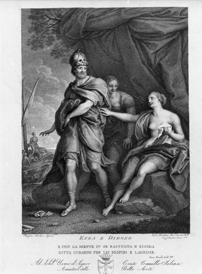 Énéide de Virgile (70 av. J.-C.-19 av. J.-C.), Livre IV, le héros troyen Énée abandonne Didon qui se suicide désespérée. Gravure d
