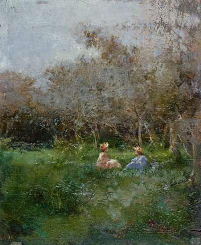Dames élégantes se reposant dans un paysage boisé - Pompeo Mariani
