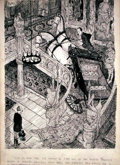 Allez dire à Son Excellence de sortir de la quatrième salle de fumeurs une minute, Jackson, et il verra exactement combien il se trompe dans cette histoire ennuyeuse sur le septième comte, publié dans Punch, 7 juin 1937 - Pont
