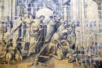 Église de la Miséricorde. Azulejos. Le récit de la purification du Temple. Jésus. Évora. Portugal. - Portuguese School