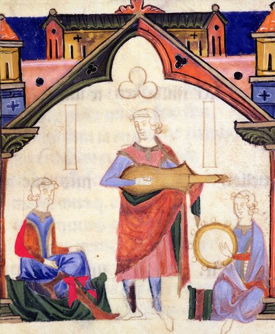 Fol.12v Musiciens jouant de la guitare et du tambourin, du Chansonnier des Nobles - Portuguese School