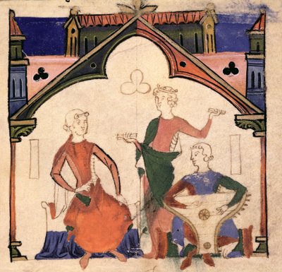 Fol.4r Musiciens jouant des castagnettes et un psaltérion, du Chansonnier des Nobles - Portuguese School