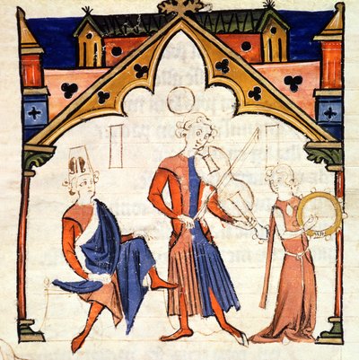 Fol.6r Musiciens jouant de la viole et du tambourin, du Chansonnier des Nobles - Portuguese School
