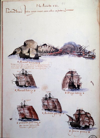 Page de manuscrit « Mémoires des armadas du Portugal sous le roi Manuel I (1469-1521) » représentant les flottes portugaises de l