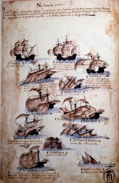 Page de manuscrit « Mémoires des armadas du Portugal sous le roi Manuel I (1469-1521) » représentant les flottes portugaises de l