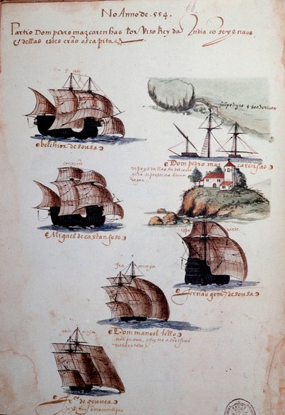 Page de manuscrit "Mémoires des armadas du Portugal sous le roi Manuel I (1469-1521)" représentant les flottes portugaises de l