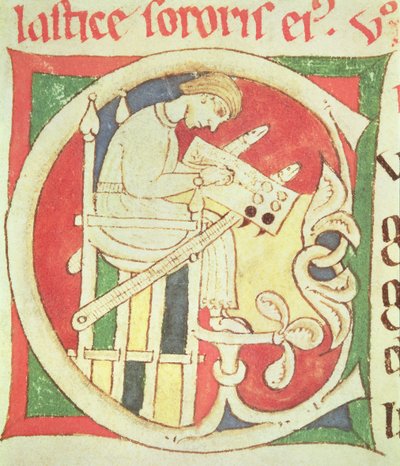 Initiale historiée C représentant un moine écrivant, des Vitae Sanctorum, Santa Cruz de Coimbra - Portuguese School