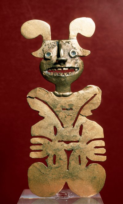 Art précolombien, civilisation Quimbaya (Colombie) : statuette anthropomorphe en or. 400-1400 ap. J.-C. Bogota, Musée de l