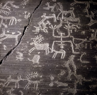 Civilisation des Camunni, Préhistoire, art rupestre : roche funéraire, détails de la grande roche de Naquane, en Valcamonica. Museo archeologico de Milan - Prehistoric Prehistoric