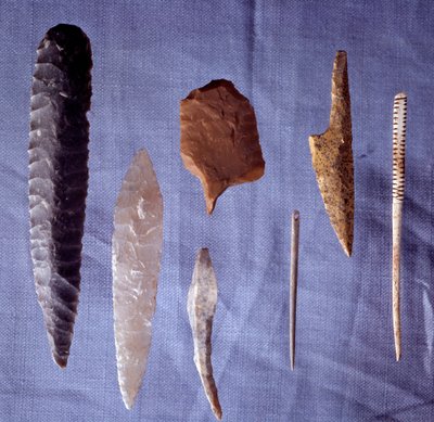 Outils préhistoriques : silex, couteau, pointe de flèche et aiguille. Saint Germain En Laye. Musée des Antiquités - Prehistoric Prehistoric