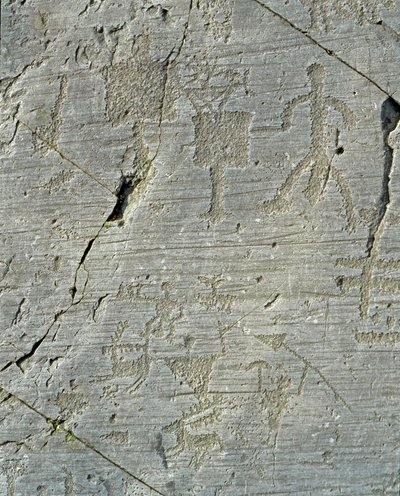 Préhistoire, civilisation camunienne, art rupestre : gravure de scènes de chasse au cerf et de la vie quotidienne dans un village - Prehistoric Prehistoric