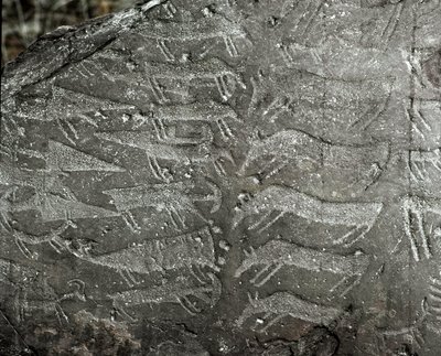 Préhistoire, art rupestre : roche funéraire de représentations de poignards, bœufs. Âge du cuivre. Période énéolithique (chalcolithique) - Prehistoric Prehistoric