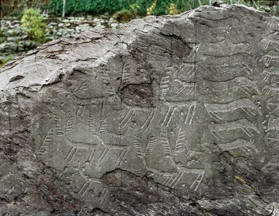 Préhistoire, art rupestre : roche funéraire avec des représentations de cerfs, bovins. Âge du cuivre. Période énéolithique (chalcolithique). Roche n. 1. Cemmo (Brescia) Parc archéologique national des Massi di Cemmo, Italie - Prehistoric Prehistoric