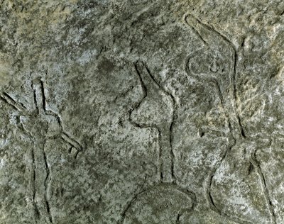 Préhistoire, art rupestre : pétroglyphe (graffiti sur pierre) représentant une scène de chasse. Néolithique, Âge de pierre. (Azerbaïdjan) Âge du bronze. Bakou, Musée national d